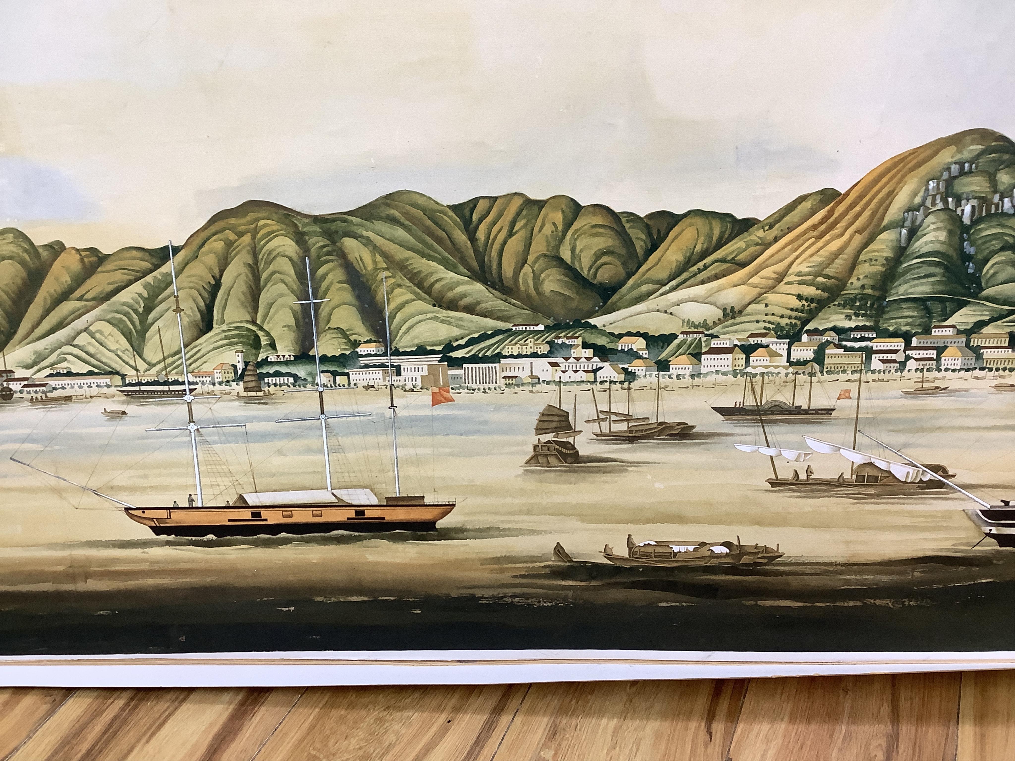 Chinese School, Harbour view with boats and junks, unsigned, gouache, mounted, unframed, 73 x 135cm